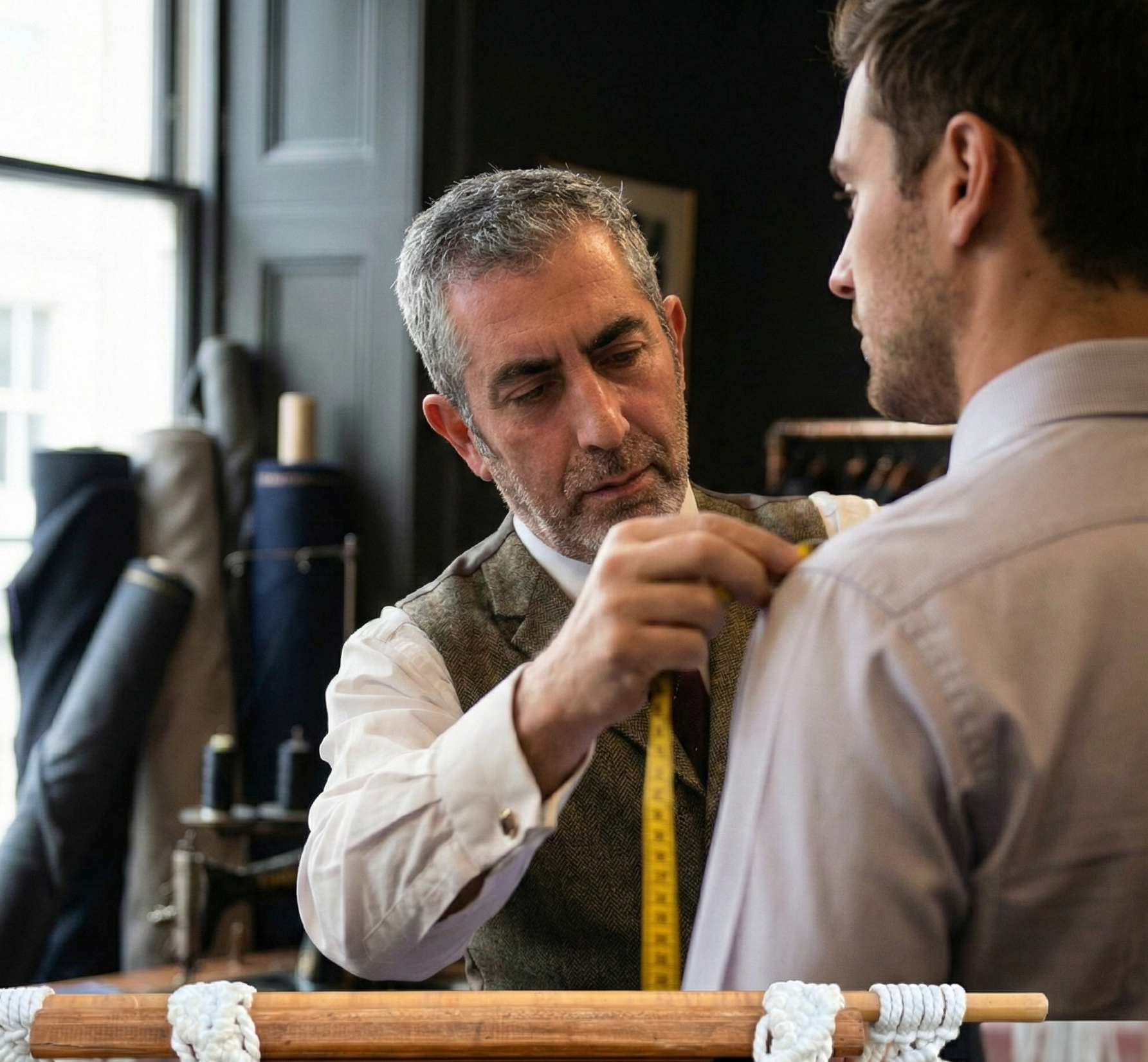 Fethiye'de özel ölçüyle dikim yapan terzi, müşterinin beden ölçülerini alıyor.